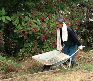 草刈りの仕事をする山根さんの写真