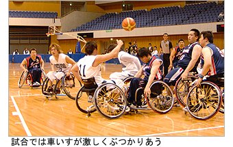 写真:試合の様子。車いすが激しくぶつかり合っている