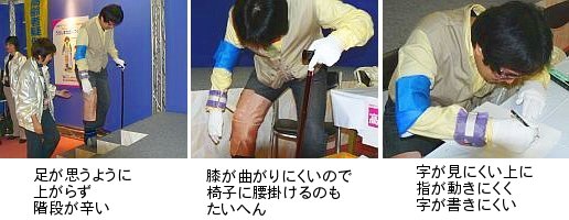 写真:説明文は、「足が思うように上がらず階段が辛い、膝が曲がりにくいので椅子に腰掛けるのもたいへん、字が見にくい上に指が動きにくく字が書きにくい。」