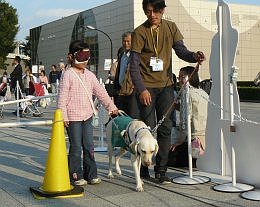 写真：盲導犬に連れられて歩く女の子。