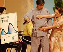 写真:図を使って呼吸法を指導する番場さんとゲストの宮川花子さん