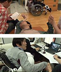 写真:てんばたさんの日常。リハビリ中に本を読んだり、テレビ電話で授業を受けたりしています