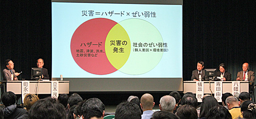 写真:フォーラムのステージ上、左から町永さん、立木さん、スクリーンを挟んで、蟻坂さん、青田さん、八幡さんの順に並んでいる。スクリーンには「災害=ハザード×脆弱性」の図が映し出され、立木さんが説明している