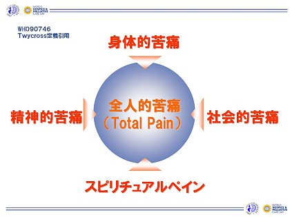 図。身体的苦痛、精神的苦痛、社会的苦痛、スピリチュアルペインの総称が、全人的苦痛。