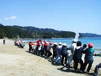 写真：海岸で綱引き